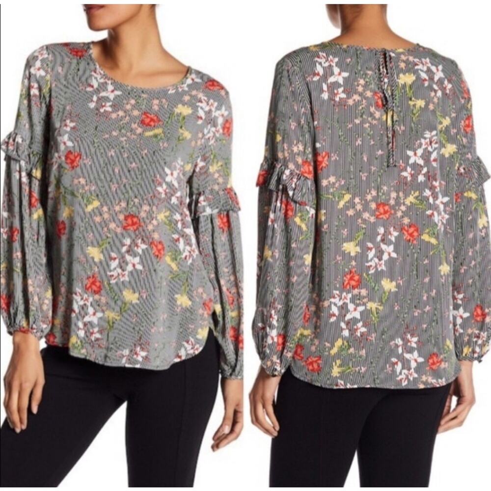 Pleione Womens Floral Striped Print Ruffled Long Sleeve Blouse Size Medium